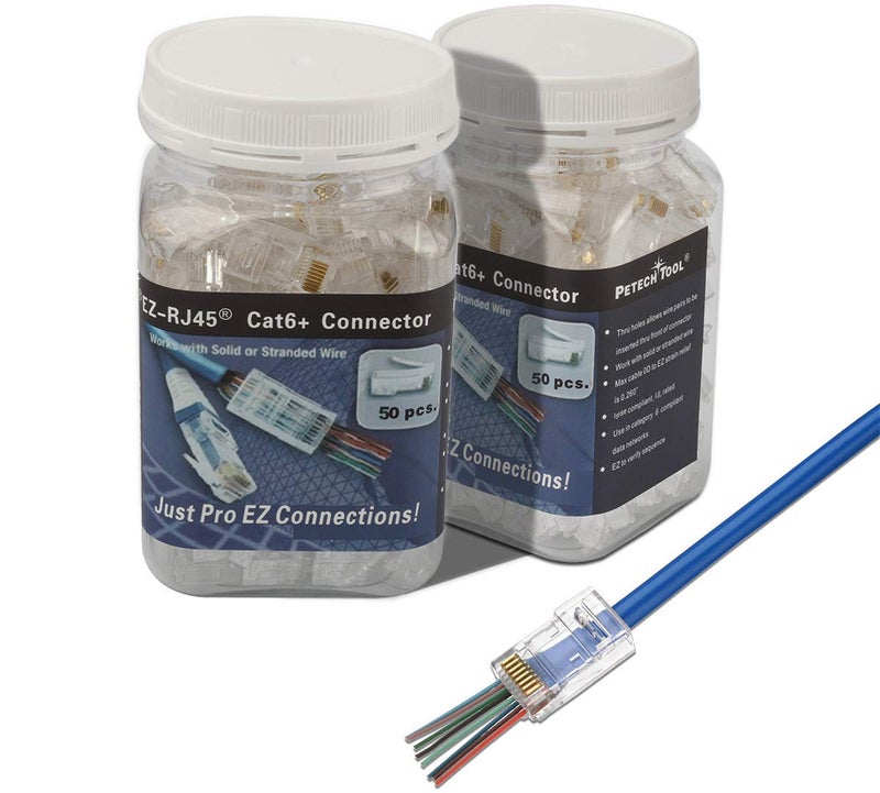 PETECHTOOL RJ45 Cat6A Cat6 Pass Through Connectors 50Pack 23AWG End Bold Ethernet 8P8C Gold Plated Modular Plug for Unshielded Twisted Pair Solid Wire Standard Cables - Image 3